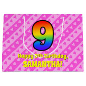 9e verjaardag: Roze strips & harten, regenboognr.  Groot Cadeauzakje (Voorkant)