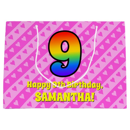 9e verjaardag: Roze strips & harten, regenboognr.  Groot Cadeauzakje (Voorkant)