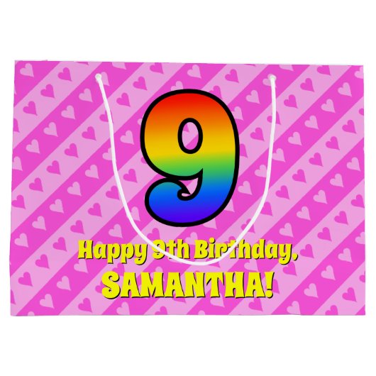 9e verjaardag: Roze strips & harten, regenboognr.  Groot Cadeauzakje (Achterkant)