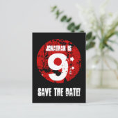 9e verjaardag Save the Date Red Black Grunge A01H Aankondigingskaart (Staand voorkant)