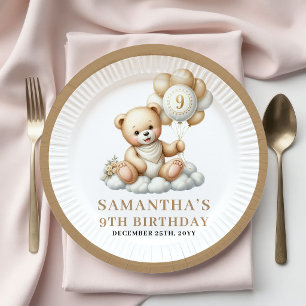 9e Verjaardag Teddybeer Goud Ivoorkleurig Ballon B Papieren Bordje