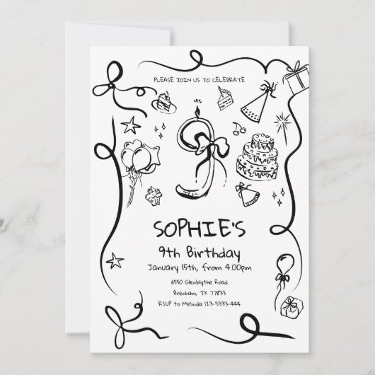 9e Verjaardag Uitnodiging, Hand getrokken 9e Verja Kaart (Voorkant)