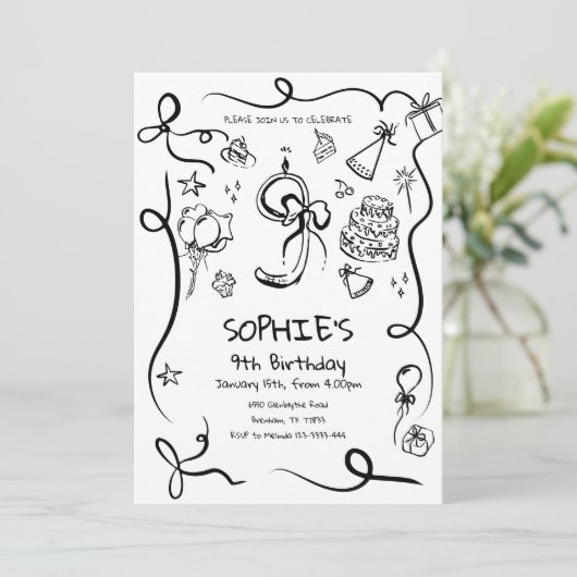 9e Verjaardag Uitnodiging, Hand getrokken 9e Verja Kaart (Staand voorkant)