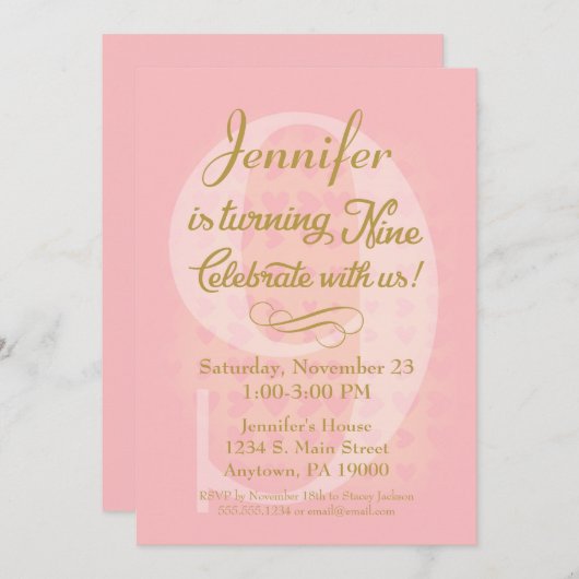 9e verjaardag Uitnodiging Meisjes Roze Gold Hearts (Voorkant / Achterkant)