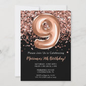 9e verjaardag Uitnodiging zwart Roos Gold Glitter (Voorkant)