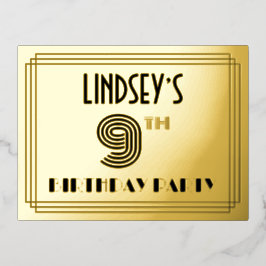 9e verjaardag van de geboorte ~ Art Deco Style "9" Folie Uitnodiging Briefkaart