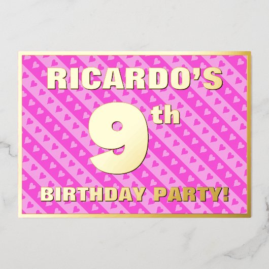 9e verjaardag van de opstand - vuurroze harten en  folie uitnodiging (Voorkant)