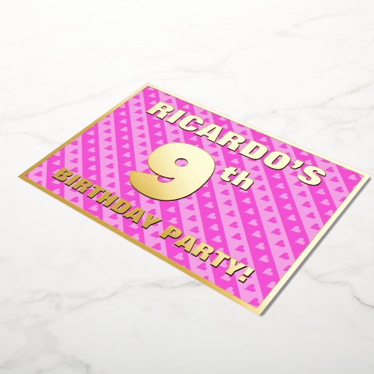 9e verjaardag van de opstand - vuurroze harten en folie uitnodiging (Gedraaid)