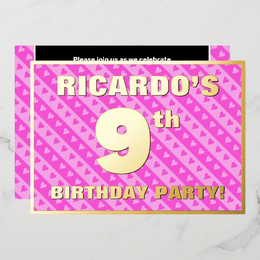 9e verjaardag van de opstand - vuurroze harten en  folie uitnodiging (Voorkant / Achterkant)