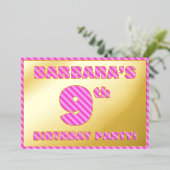 9e verjaardag van de partij — Vet, vun, roze band  Folie Uitnodiging (Staand Voorkant)