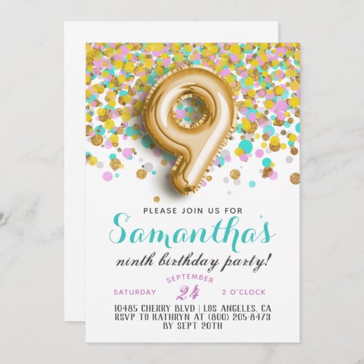 9e verjaardag van de uitnodiging tot Confetti van  (Voorkant / Achterkant)