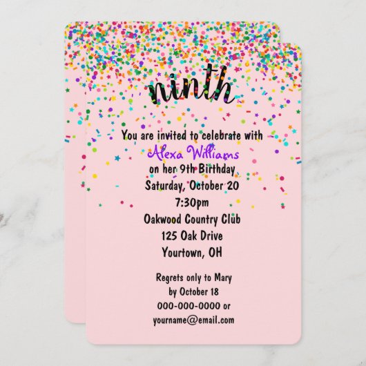 9e verjaardag van de uitnodiging tot Confetti van (Voorkant / Achterkant)