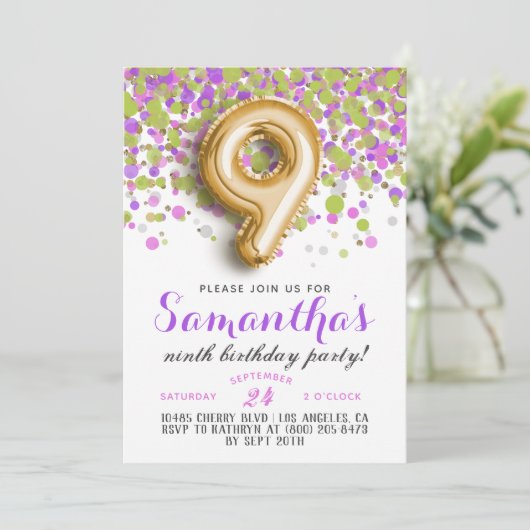 9e verjaardag van de uitnodiging tot Confetti van  (Staand voorkant)