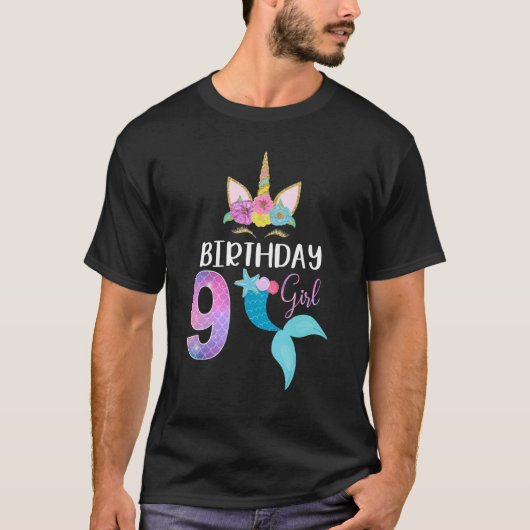 9e verjaardag van het meisje Unicorn Mermaid Tail T-shirt (Voorkant)