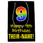 9e verjaardag: Vun, Vet, kleurrijk, Regenboog "9" Medium Cadeauzakje (Voorkant)