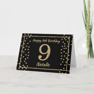 9e verjaardag Zwart en Goud Glitter Confetti Kaart