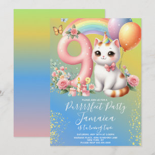 9e Verjaardags Kitten Regenboog Feestje Kaart
