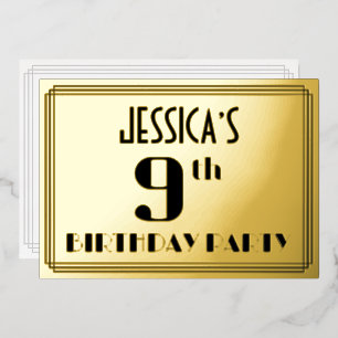 9e verjaardagsfeest: Art Deco-look “9” en naam Folie Uitnodiging
