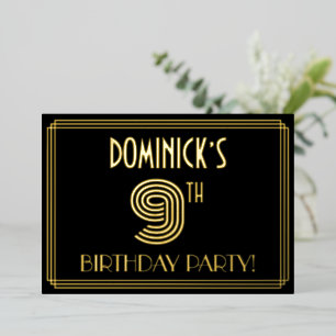 9e Verjaardagsfeest — Art Deco Stijl “9” + Naam Folie Uitnodiging