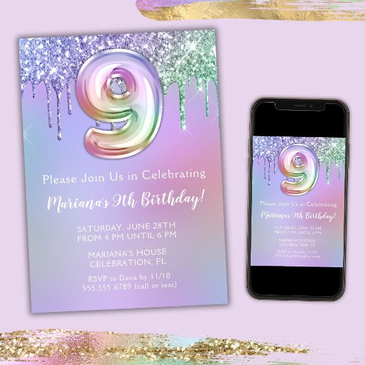 9e verjaardagsfeest uitnodiging paars roze glitter