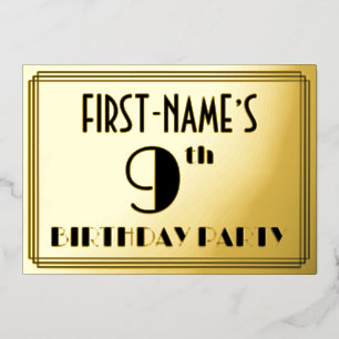 9e verjaardagsfeestje — Art Deco-look “9” + naam Folie Uitnodiging