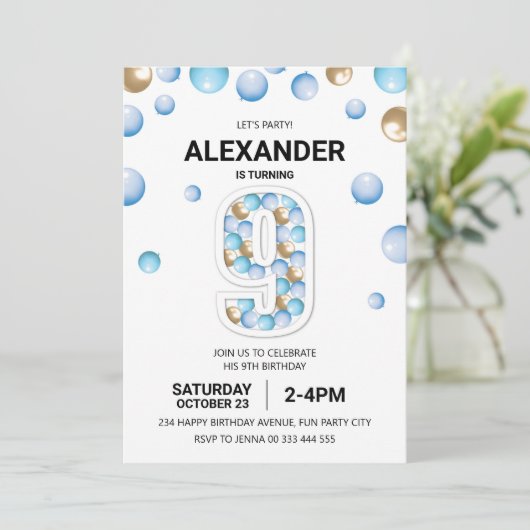 9e Verjaardagsfeestje, Blauwe en Gouden Ballon Jon Kaart (Staand voorkant)