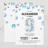 9e Verjaardagsfeestje, Blauwe en Gouden Ballon Jon Kaart (Voorkant / Achterkant)