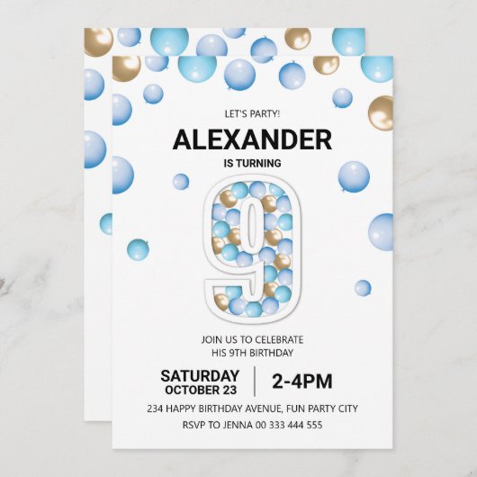 9e Verjaardagsfeestje, Blauwe en Gouden Ballon Jon Kaart (Voorkant / Achterkant)