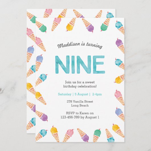 9e verjaardagsfeestje | Rainbow Ice cream uitnodig Kaart (Voorkant / Achterkant)