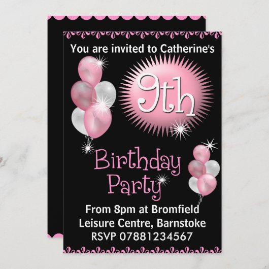 9e verjaardagsfeestuitnodiging kaart (Voorkant / Achterkant)