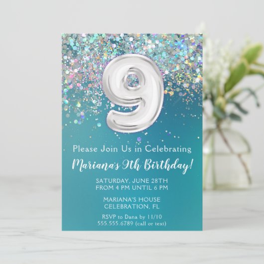 9e verjaardagsuitnodiging Blauwgroen zilveren glit Kaart (Staand voorkant)
