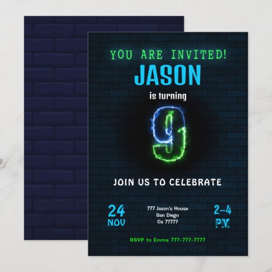 9e verjaardagsuitnodiging jongen kaart (Voorkant / Achterkant)
