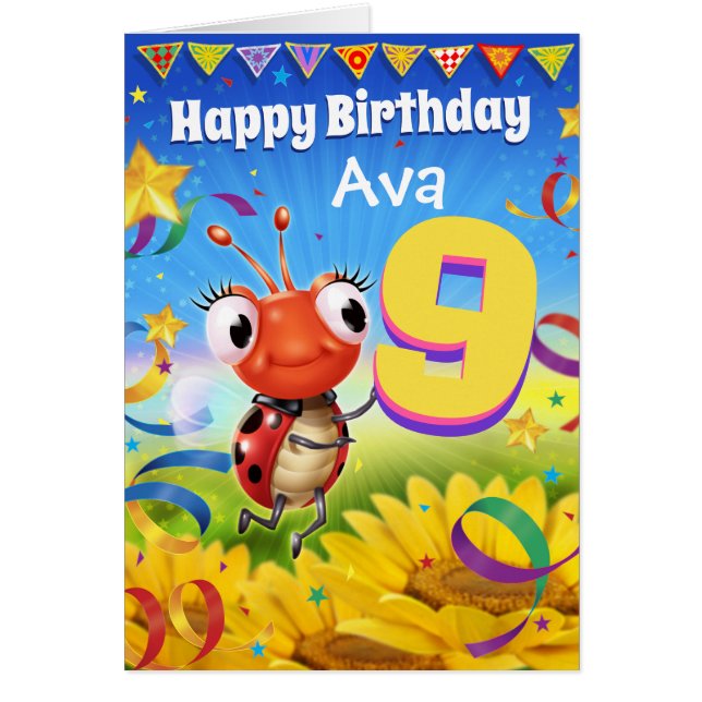 9jaar Aangepaste verjaardagskaart Kleine Ladybug-r (Voorkant)
