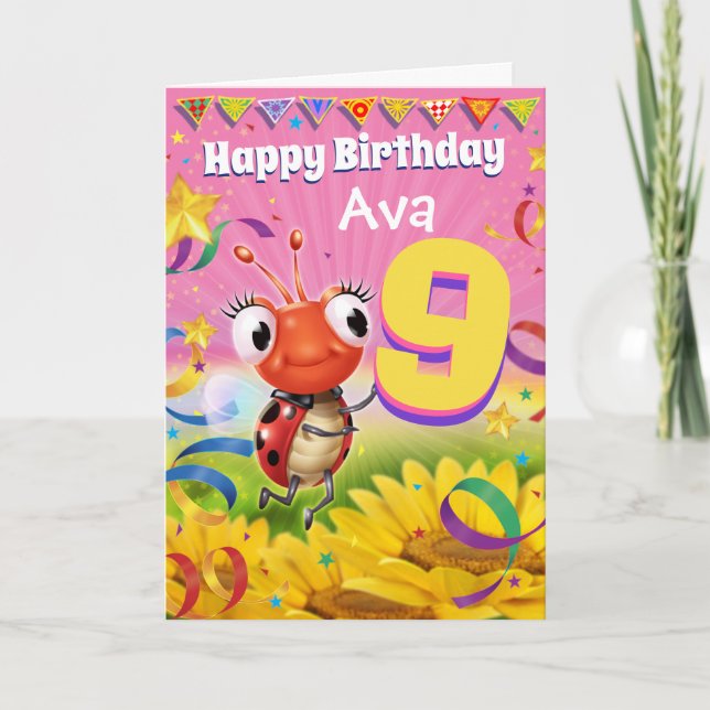9jaar Aangepaste verjaardagskaart Kleine Ladybug-r Kaart (Voorkant)