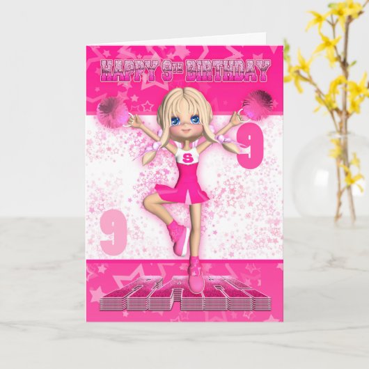 9th Birthday Cheerleader Dancing, Stars In Pinks Kaart (Gele Bloem)