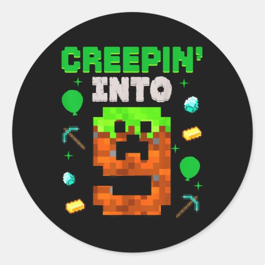 9th Birthday Gamer Pixel Creepin' Into 9 Videogame Ronde Sticker (Voorkant)