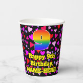 9th Birthday: Loving Hearts Pattern, Rainbow 9 Papieren Bekers (Achterkant)