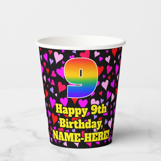 9th Birthday: Loving Hearts Pattern, Rainbow 9 Papieren Bekers (Achterkant)