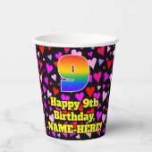 9th Birthday: Loving Hearts Pattern, Rainbow 9 Papieren Bekers (Voorkant)