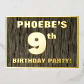 9th Birthday Party: Bold, Faux Wood Grain Pattern Folie Uitnodiging (Voorkant)