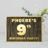 9th Birthday Party: Bold, Faux Wood Grain Pattern Folie Uitnodiging (Staand Voorkant)