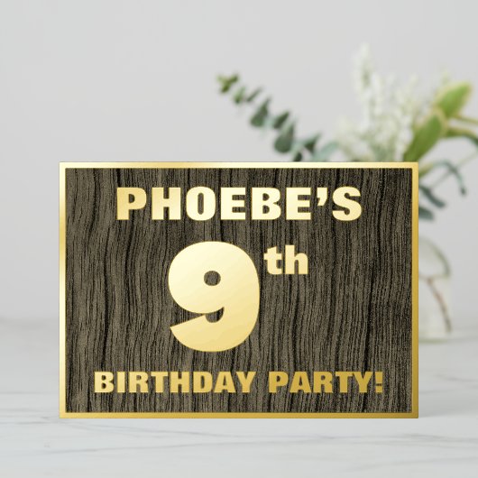 9th Birthday Party: Bold, Faux Wood Grain Pattern Folie Uitnodiging (Staand Voorkant)