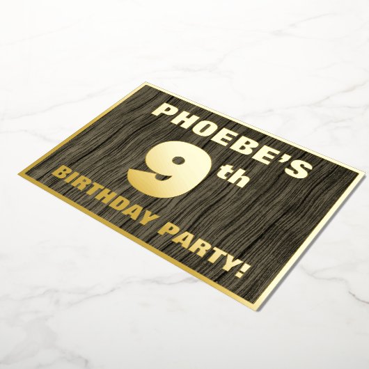 9th Birthday Party: Bold, Faux Wood Grain Pattern Folie Uitnodiging (Gedraaid)