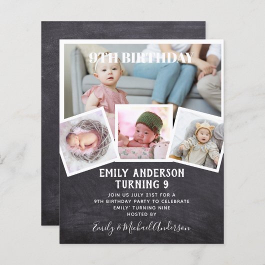 9th Birthday Photo Collage Invite Boy Girl gemengd (Voorkant / Achterkant)