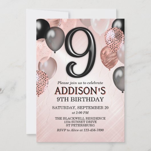 9th Birthday Roos Gold Balloons Invitation Kaart (Voorkant)