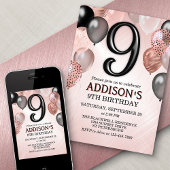 9th Birthday Roos Gold Balloons Invitation Kaart