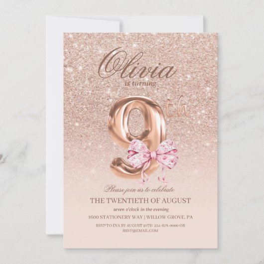 9th Birthday Rose Pink Gold  Bow Birthday Party  Kaart (Voorkant)