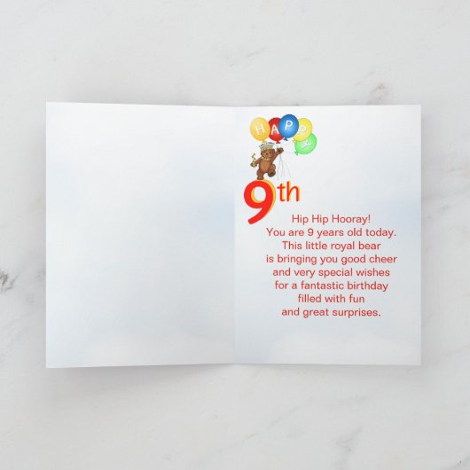 9th Birthday Royal Teddy Bear Kaart (Binnen)