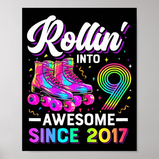 9th Birthday Shirt Girl Nine 9 Year Old Roller Ska Poster (Voorkant)