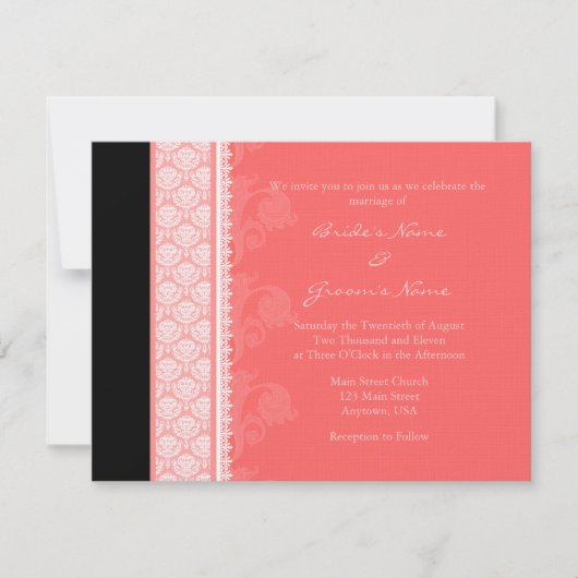 A2 Coral Pink One Side Damask Wedding Invitations Kaart (Voorkant)
